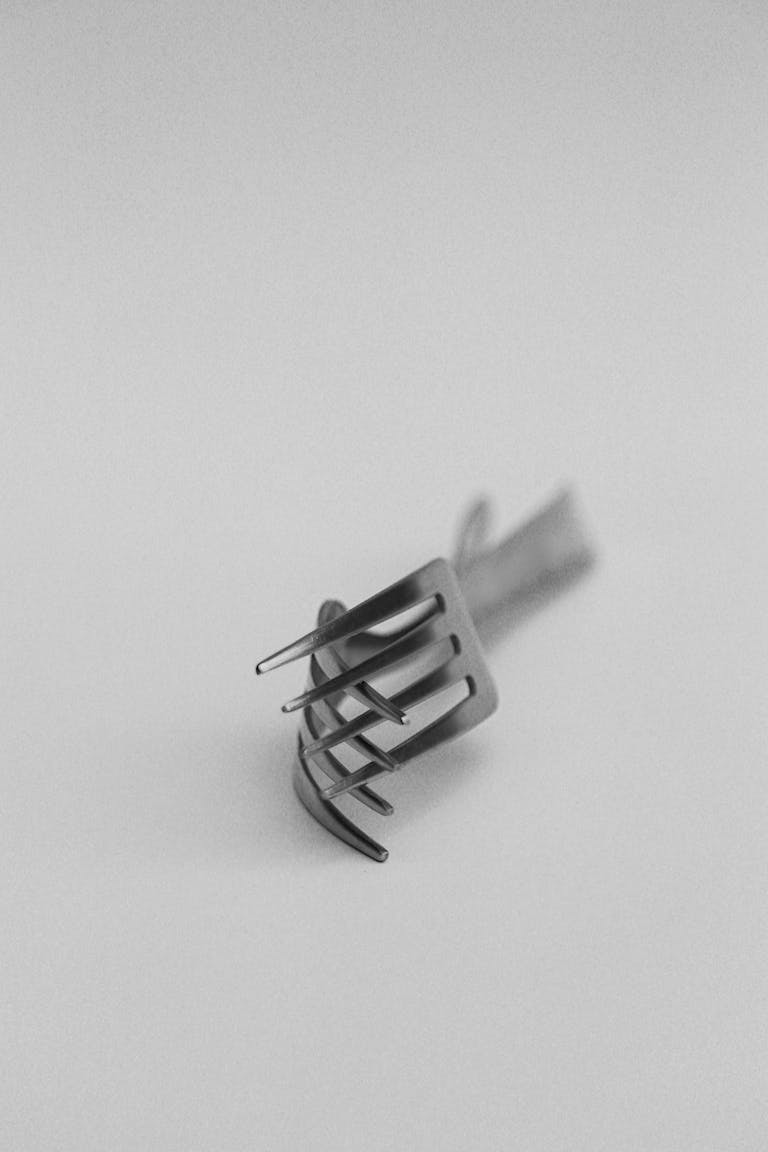 Artistic black and white image of a twisted fork, emphasizing shape and texture.