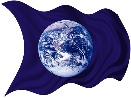 Blue waving flag with the earth overlaid on top.