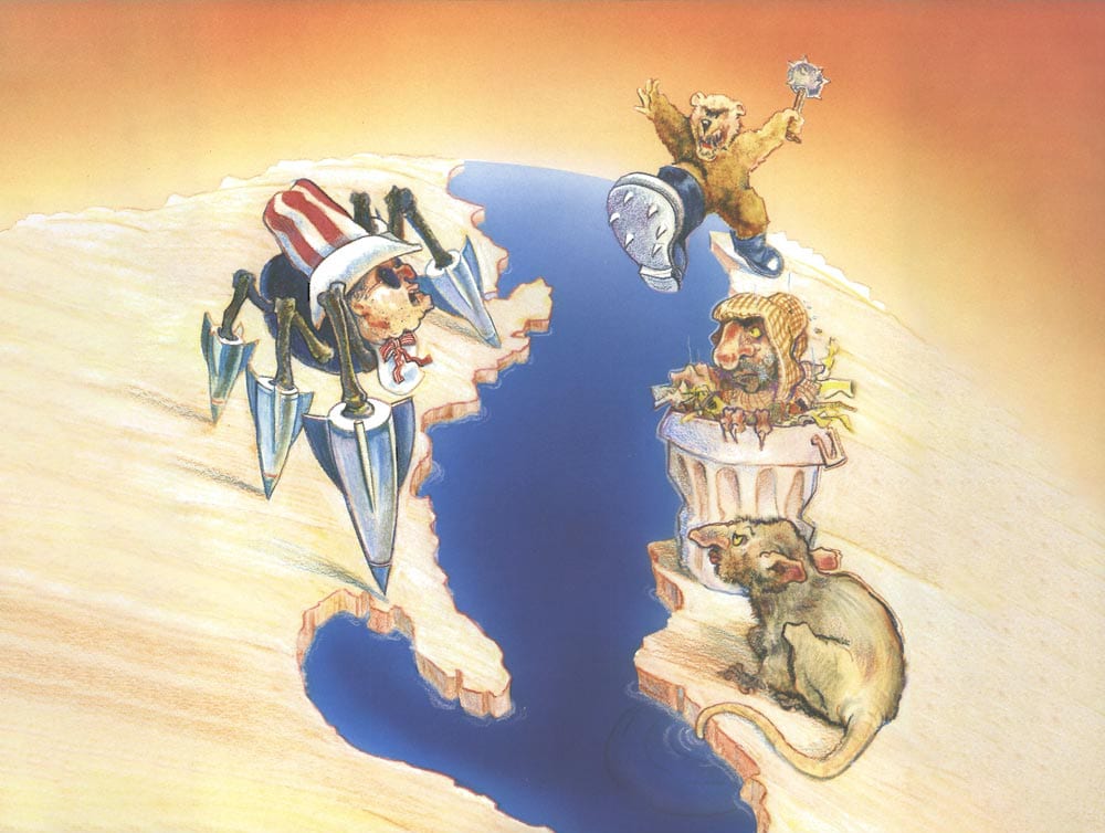 Illustration of countries depicted as prejudiced animals.