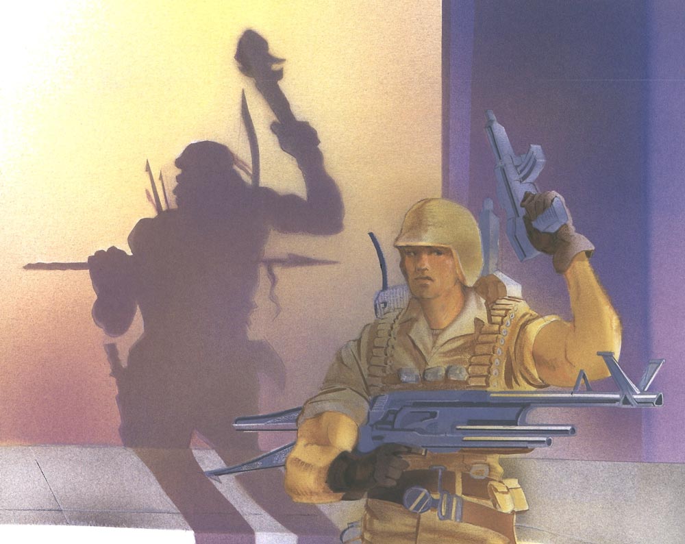Illustration of a modern solider in foreground holding two guns. His shadow is an ancient warrior holding arrows.